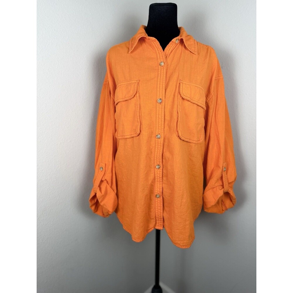 We The Free Free People Orange Button Down Shirt Womens Oversized Boho Size S